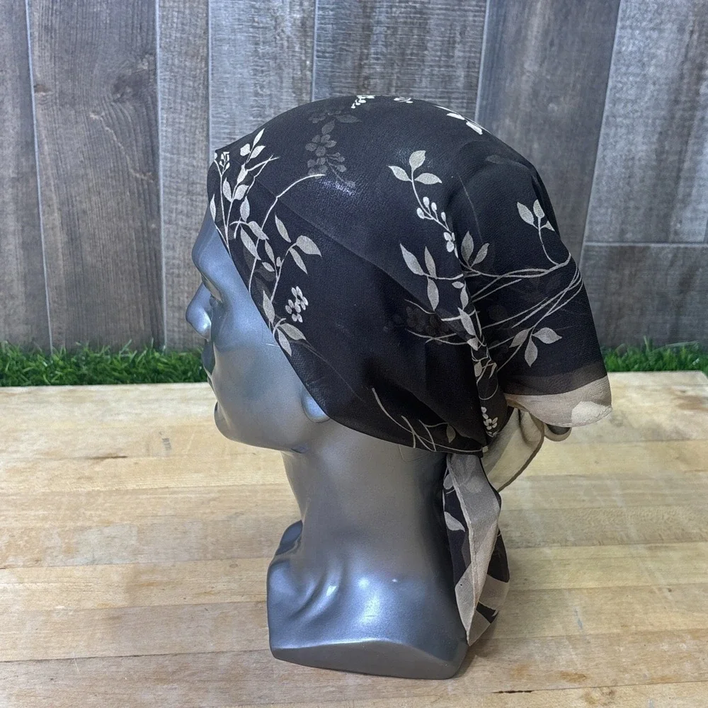 Vintage Casual Corner 100% Silk Head Scarf Floral Sheer Brown Hair Wrap